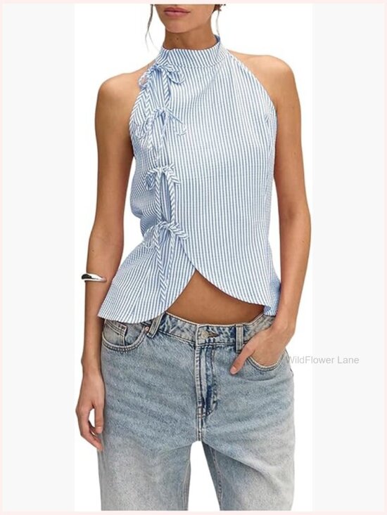 Tops - Striped Tie Front Halter Top Sleeveless Open Back Asymmetrical Tank Top
